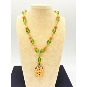 1990s Global Boho Necklace with Faux‑Carved Pendant & Mixed Beads